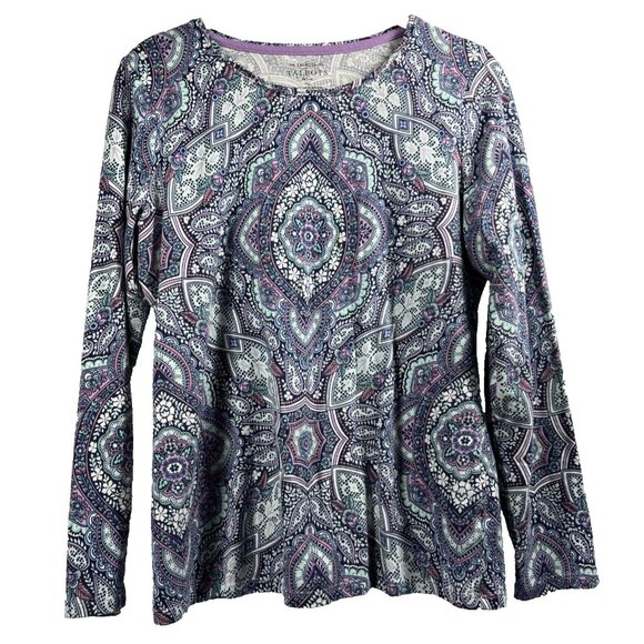 Talbots Women's Top Size Medium Petite MP Blue Paisley Long Sleeve Pullover - Picture 3 of 8